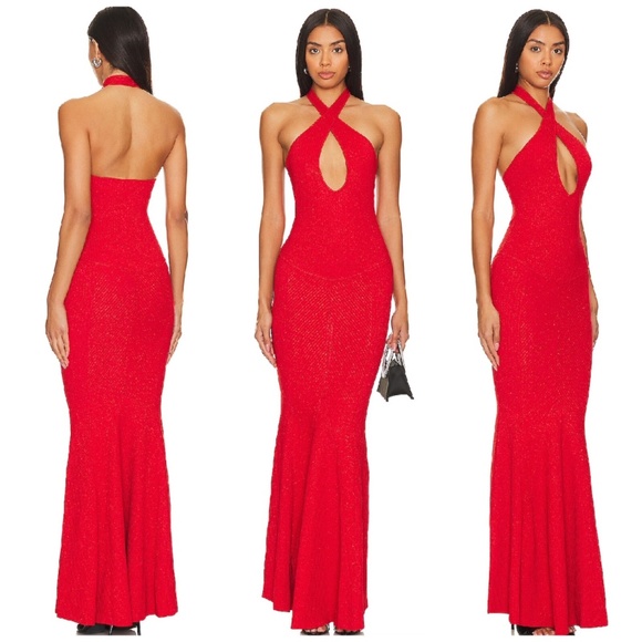 Retrofete Verona Bandage Knit Maxi Dress Red Halter Bodycon - Small - with tags - Picture 1 of 9